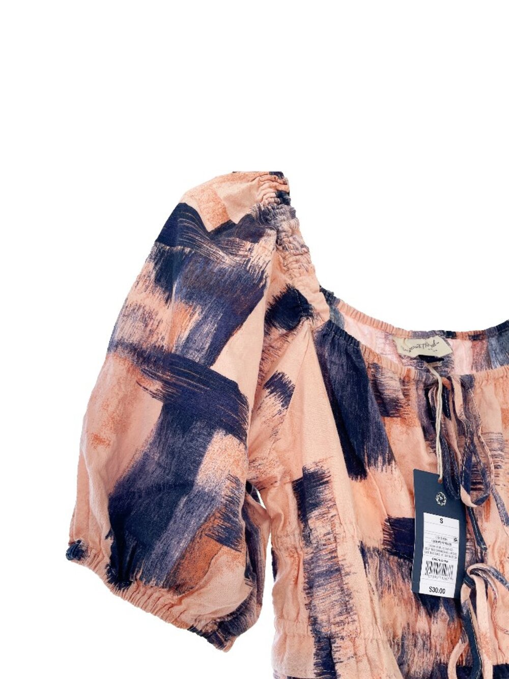Universal Thread Abstract Small Cotton Peach Pink Blue Dress Puff Sleeve Pockets - Picture 7 of 13